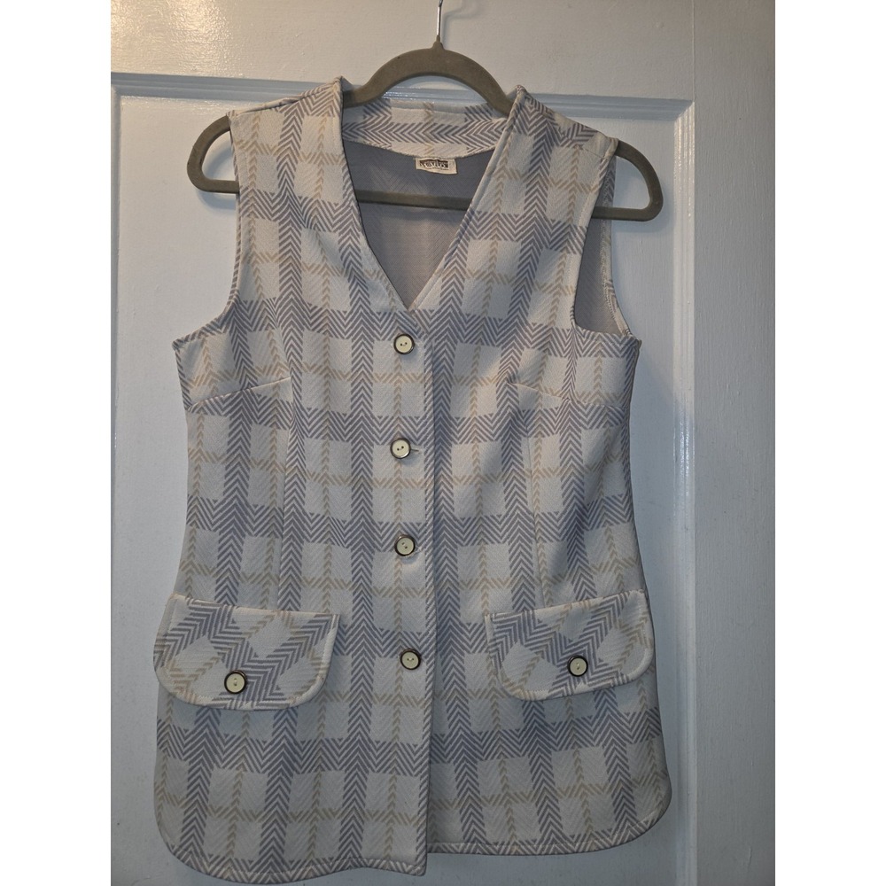 Vintage 70's Montgomery Ward Gray Beige Geometric Plaid Button Front Vest. M